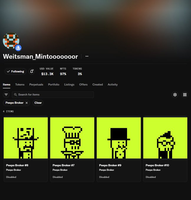 A screenshot of an NFT profile for 'Weitsman_Mintooooooor' showing a USD value of '$13.3K', 97% NFTs and 3% Tokens, displaying four pixel-art 'Peepo Broker' items (#6, #7, #9, #10) marked as 'Disabled'.