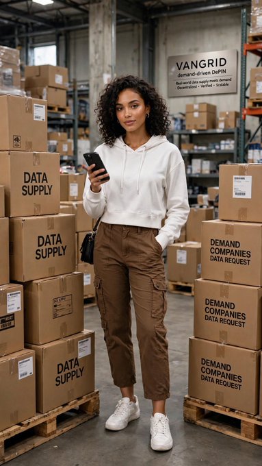 A woman in a cream hoodie and brown cargo pants standing in a warehouse holding a phone, surrounded by boxes labeled 'DATA SUPPLY' and 'DEMAND COMPANIES DATA REQUEST', with a 'VANGRID demand driven DeSPIN' sign in the background.
