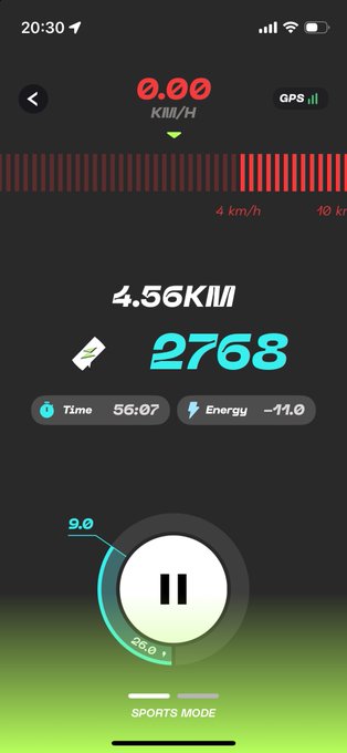 A mobile fitness app screen in Sports Mode showing a workout in progress with 4.56KM distance, 2768 calories burned, 56:07 time elapsed, and a pause button.