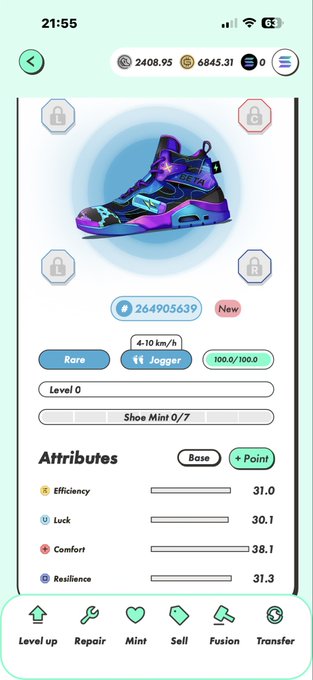 A mobile game screen displaying a 'Jogger' rare sneaker NFT at Level 0 with 100.0/100.0 mint, showing attributes for Efficiency (31.0), Luck (30.1), Comfort (38.1), and Resilience (31.3), with options for Level up, Repair, Mint, Sell, Fusion, and Transfer.