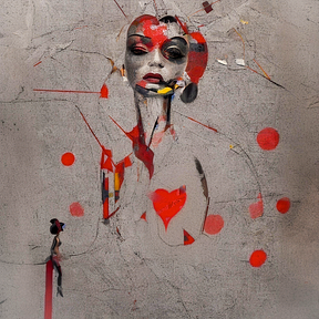 A mixed-media street art piece on a textured wall depicts a woman's face and torso rendered in grayscale with striking red accents, including a red heart on her chest and scattered red circular dots.