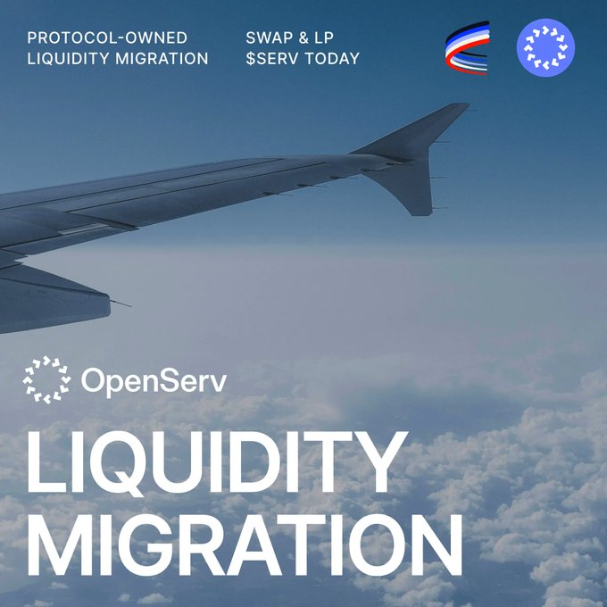 OpenServ promotional graphic showing an airplane wing above clouds with text 'PROTOCOL-OWNED LIQUIDITY MIGRATION' and 'SWAP & LP $SERV TODAY' alongside the OpenServ logo.