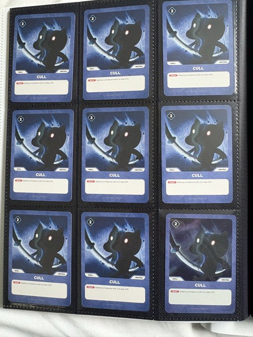 Nine trading cards from a card binder, all named 'CULL', depicting dark silhouettes of an animal creature with a sword, with different spell/ability descriptions.