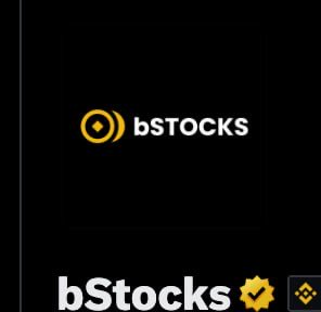 A dark-themed app icon for 'bStocks' with a yellow Binance-like logo and a verified checkmark badge.