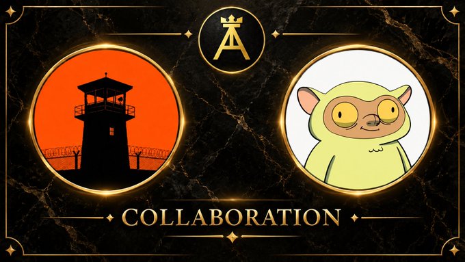 A promotional collaboration banner with a black marble background and gold trim, featuring a silhouette of a guard tower in an orange circle on the left and a cartoon character in a green hood on the right, with 'COLLABORATION' text at the bottom.