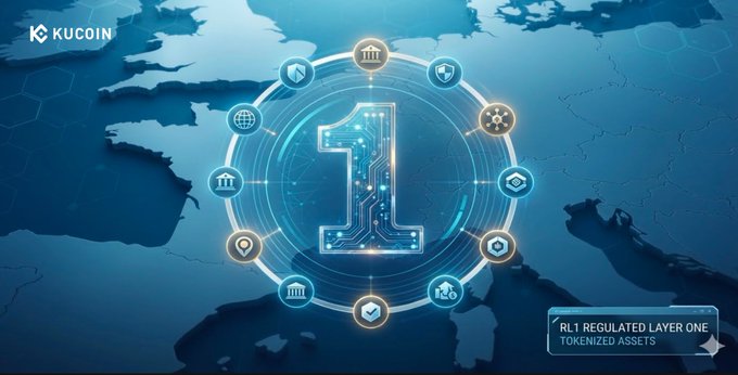 A KuCoin-branded promotional graphic features a glowing circuit-style number "1" encircled by institutional icons over a European map, with text reading "RL1 REGULATED LAYER ONE TOKENIZED ASSETS"—visually reinforcing the announcement that ten major European financial institutions have united to launch the RL1 blockchain cooperative for tokenized assets and digital capital markets.
