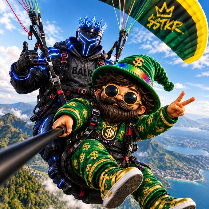 A vibrant, stylized image shows two figures skydiving—one in a blue neon-lit helmet and dark 'BALR' gear, the other a leprechaun-like character in a green dollar-sign patterned outfit holding a selfie stick—with a parachute marked '$STKR' against a backdrop of mountains and water.