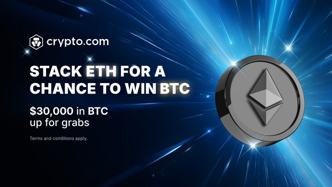 A Crypto.com promotional banner with a dark blue cosmic background featuring the Ethereum logo, advertising "$30,000 in BTC" for stacking ETH, with text reading "STACK ETH FOR A CHANCE TO WIN BTC" and "Terms and conditions apply."