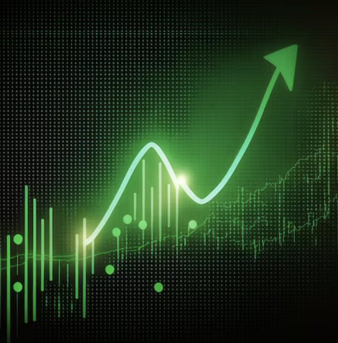 A green-themed graphic showing an upward-trending arrow over a financial chart with bar graphs and candlesticks against a dotted black background.