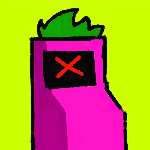 A cartoonish pink structure with green flames on top and a red "X" on a black screen sits against a bright green background, representing the launch of a new NFT marketplace. The image visually ties to the post by symbolizing the "fire" or excitement around purchasing an NFT on RobinhoodApp, with the red "X" possibly signifying the new marketplace or a "buy" action.