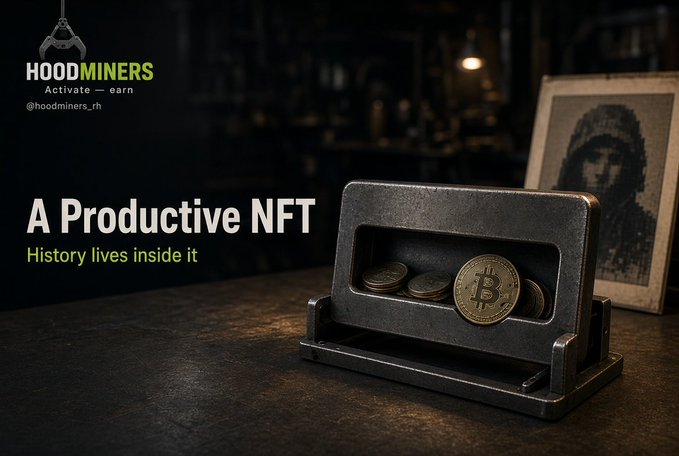 A promotional image for 'HOODMINERS' (@hoodminers_rh) with the tagline 'A Productive NFT' and 'History lives inside it', showing a vintage metal device holding Bitcoin coins next to a mosaic-style portrait.