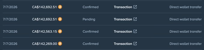 A screenshot of transaction history showing four deposits to the online casino Stake on 7/7/2026, totaling approximately $571,924.01 CAD across confirmed and pending direct wallet transfers. The image serves as proof of the user's large deposits, which the accompanying post references to promote Stake's bonus code "BTCs" offering leaderboard credits, doubled weekly bonuses, lossback rewards, and other promotions.