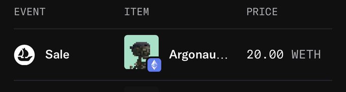 Trading interface showing a Sale event for an item called 'Argonau...' priced at 20.00 WETH, featuring a pixelated character icon.