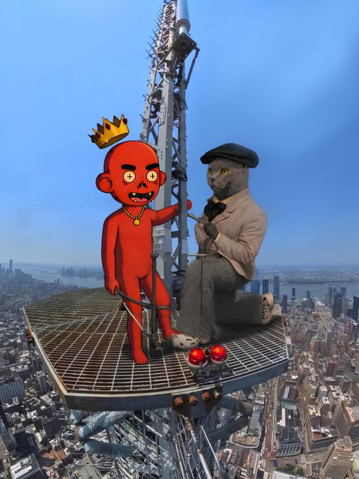 A red cartoon demon wearing a gold crown stands on a skyscraper antenna platform alongside a large cat dressed in a beige coat and black beret, overlooking a city skyline.