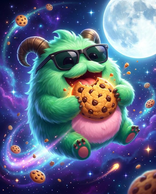 A vibrant digital illustration of a green, fluffy horned monster wearing sunglasses floats in a starry space environment, happily eating a giant chocolate chip cookie.