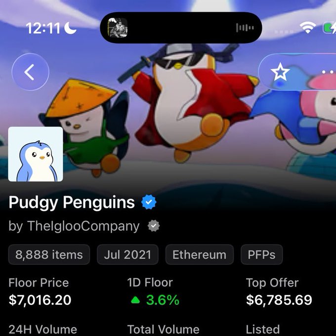 A screenshot of the OpenSea mobile app displays the Pudgy Penguins NFT collection by ThelglooCompany, showing 8,888 items on Ethereum with a floor price of $7,016.20 and 24H volume stats. The image illustrates the mobile UI/UX experience the user praises in their post about OpenSea's mobile app.