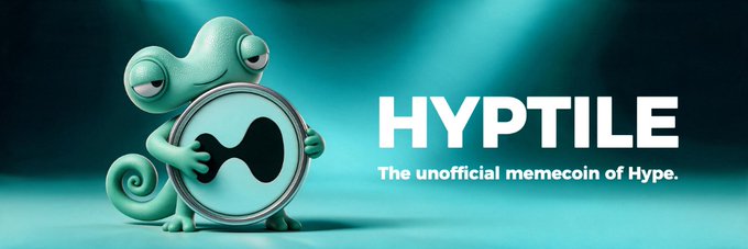 A teal chameleon holds a magnifying glass featuring the $HYPTILE logo, displayed alongside the text "HYPTILE - The unofficial memecoin of Hype." This banner image aligns with the post by introducing the branding for the Solana memecoin $HYPTILE, using the playful chameleon mascot to emphasize its meme-driven identity.