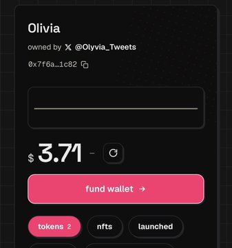 A digital wallet profile screen for 'Olivia' owned by @Olyvia_Tweets, showing a balance of $3.71 and tags including 'tokens', 'nfts', and 'launched'.