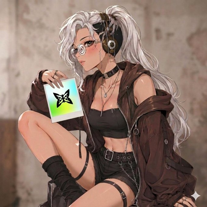 The image features an anime character wearing glasses and a black jacket with silver chains. The character has long blonde hair and is holding a green picture frame or a small book. The background of the image shows a brick wall, which adds to the overall aesthetic of the scene. The image also contains text that reads "Most people talk about the future of blockchain, but very few are preparing for the challenges that come with it @quipnetwork is taking a different approach by exploring decentralized quantum computing and post-quantum security solutions".