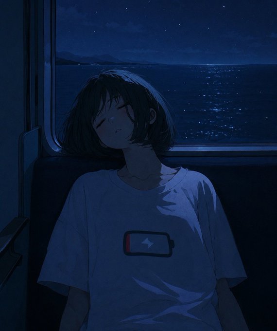 An anime-style illustration of a girl with short dark hair wearing a white t-shirt with a low battery icon, sleeping on a train at night with a view of the ocean and stars outside the window.