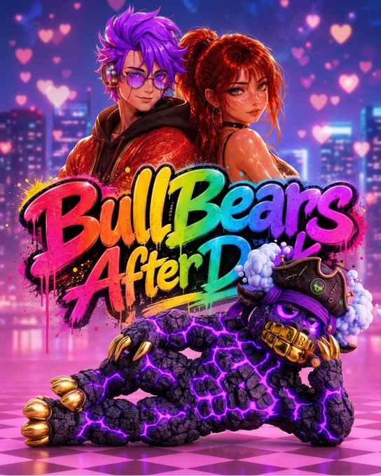 Colorful promotional artwork for 'Bull Bears After Dark' featuring anime-style characters and a purple lava-textured bear character against a neon cityscape with heart motifs.