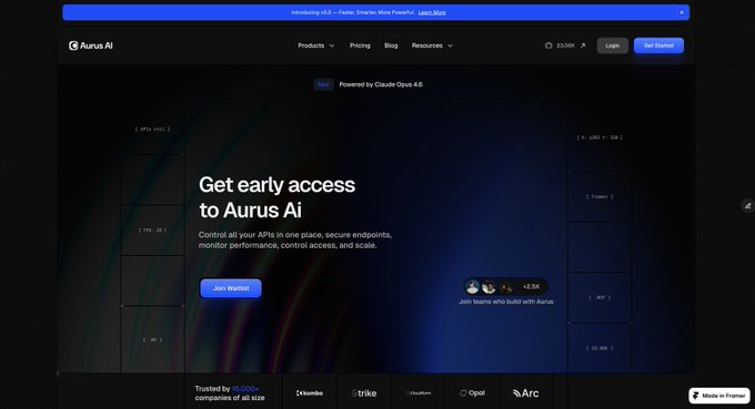 The Aurora AI website homepage featuring a dark theme with the text "Get early access to Aurora Ai" and a "Join Waitlist" button, noting it is "Powered by Claude Opus 4.0."
