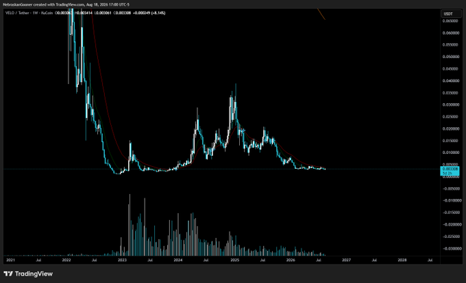 A TradingView chart displays the weekly candlestick price action of VELO/USDT on HeliusanaScour, showing a steep decline from a peak near $0.06 in 2021 down to roughly $0.008, with current values marked at 0.002041 (O), 0.003061 (H), 0.002830 (L), 0.002054 (C) as of August 18, 2024—visually confirming the poster's description of it as a "dead chart" with no meaningful recovery over several years.