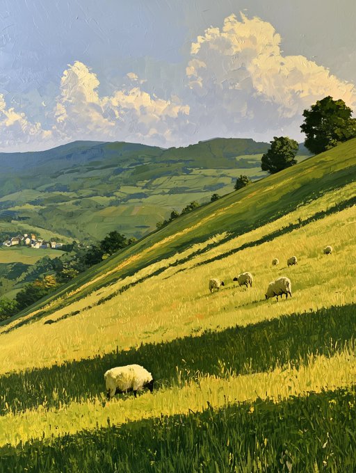 A pastoral painting featuring sheep grazing on sunlit green hillsides with rolling mountains and a cloudy sky in the background, likely representing the artwork being celebrated in the post as a collector acquires the 6th edition with only 4 remaining.
