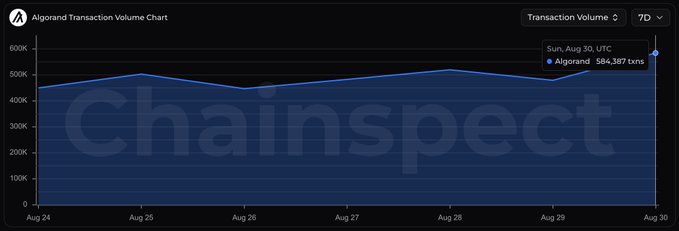 A Chainspect chart displays Algorand's 7-day transaction volume, highlighting a peak of 584,397 transactions on Sunday, Aug 30 UTC, which represents the highest activity of the past week. The line graph shows volumes ranging between approximately 450K–500K from Aug 24–29 before spiking sharply on Aug 30, supporting the post's claim of a record-breaking Sunday for the network.
