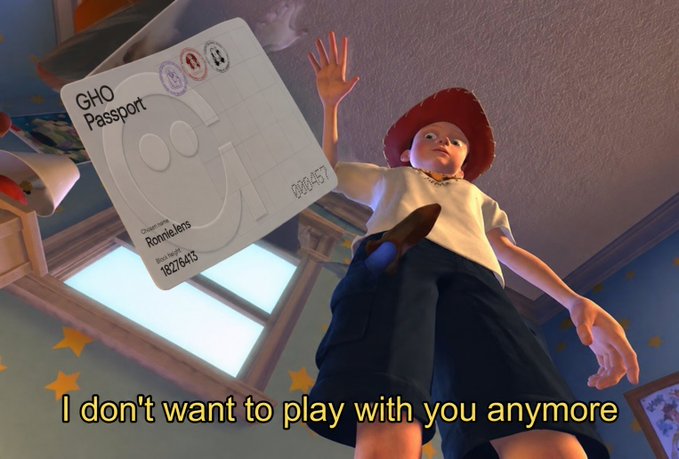 A Toy Story meme featuring the character Jessie looking down at a 'Git Passport' belonging to 'RomHens' with the caption 'I don't want to play with you anymore'.