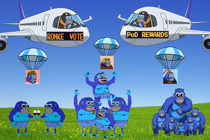 A cartoon featuring blue gorillas in gorilla suits under parachutes from airplanes labeled 'RONKE VOTE' and 'POD REWARDS.'