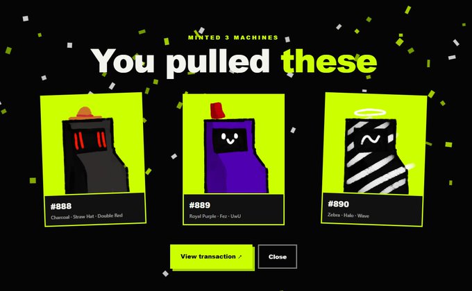 A digital collectible screen showing 'You pulled these' 3 minted machines: #888 Charcoal Straw Hat Double Red, #889 Royal Purple Fez UwU, and #890 Zebra Halo Wave.