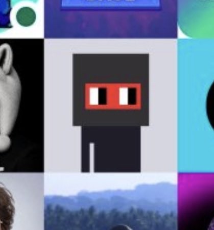 A close-up of a pixel art character with a black square head and red eyes from a collection of avatar images.