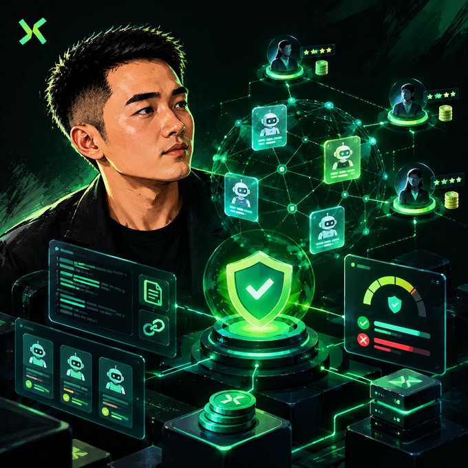A stylized digital illustration shows a young man looking thoughtfully at a futuristic green holographic interface featuring AI agents, a security shield, and network connections.
