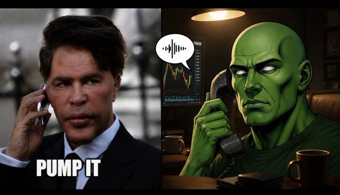 The image is a meme featuring a split screen: on the left, actor Mark Wahlberg on a phone call with the caption "PUMP IT," and on the right, a green-skinned cartoon character resembling the Martian Manhunter also on the phone, appearing to be in a trading setting with stock charts in the background. The meme humorously pairs with the post's excitement about a potential crypto price "snap back" toward its all-time high of 37 million, jokingly urging someone to "pump" the price up from its current 7.5 million level.
