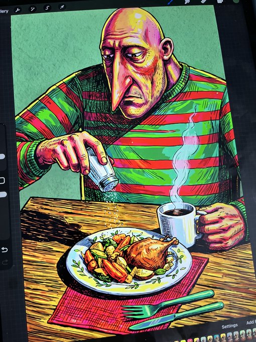 A colorful digital illustration of an elderly man with an exaggerated long nose wearing a green and red striped shirt, salting a plate of roasted chicken and vegetables while holding a cup of coffee.