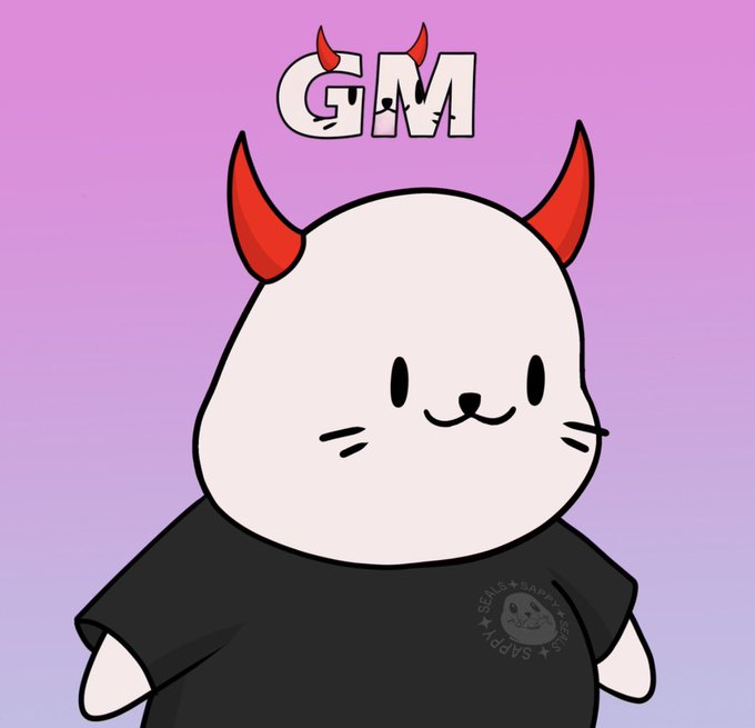A cartoon illustration of a cute white cat-like character with red devil horns wearing a black shirt, with 'GM' text at the top and 'SEALS + SADPE' logo on the shirt.