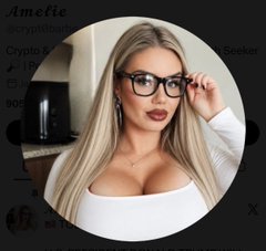 A blonde woman with cat-eye glasses poses in a profile photo styled like a social media dating app card, with visible text including "Amelie," "cryptobabe," "Seeker," and "BDE." The image humorously illustrates the post's joke about a Nigerian scammer accidentally bleaching her hair blonde, playing on the stereotype of crypto-romance scammers using attractive profile pictures.