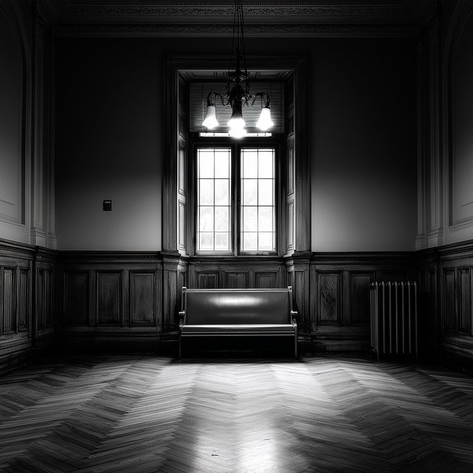 A black and white photograph of an empty, ornate room with a bench, a large window, a hanging chandelier, and herringbone wood flooring.