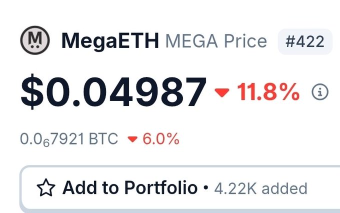 The image shows a white background with a text box containing information about the price of Bitcoin at MegaETH, which has decreased by 1.8%. The text also includes some numbers related to the change in price. A star icon is located next to the text box, suggesting that this content could be from a social media platform or marketplace. The image focuses on the price decrease and does not directly address the post about adding to Portfolio.
