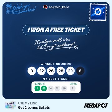 A digital lottery ticket graphic from MEGAPOT, with "captain_kent" as the winner, displaying the numbers 3, 22, 26, 28, 29, and 8.