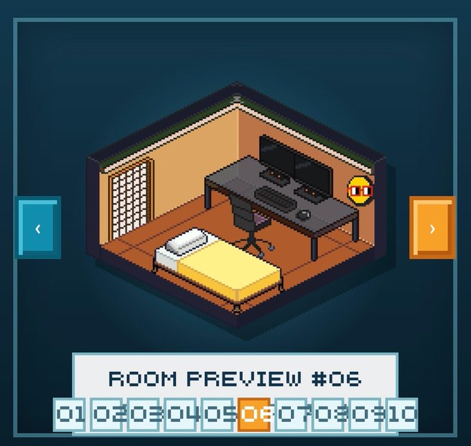 A pixel-art style isometric room preview labeled "ROOM PREVIEW #06", featuring a bed, desk with dual monitors, and navigation arrows and numbered tabs.