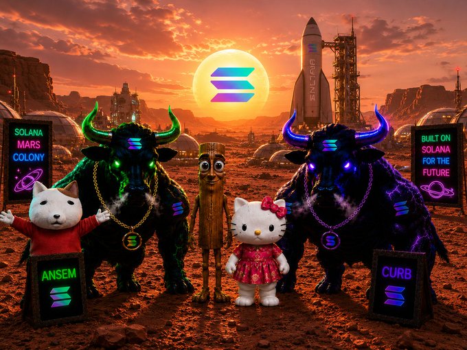 A surreal Martian landscape features neon-glowing bulls, a Hello Kitty figure, and Cat in the Hat character flanked by Solana-themed signs reading "SOLANA MARS COLONY," "BUILT ON SOLANA FOR THE FUTURE," "ANSEM," and "CURB," with a rocket and large Solana logo in the background—visually tying the $SOL, $CURB, $ANSEM, and $KITTY tokens to a bullish "Solana Mars Colony" narrative.