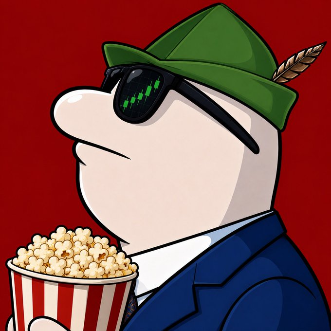 A cartoon character wearing a green Robin Hood-style hat with a feather and financial chart-patterned sunglasses holds a bucket of popcorn, visually representing someone eagerly watching for promising $MEME coin opportunities.