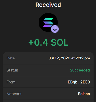 The image shows a successful Solana wallet transaction confirmation displaying "Received +0.4 SOL" with a transaction date of Jul 12, 2026 at 7:32 pm, sent from address "BBgb...2ECB." This image serves as visual proof of the 0.4 SOL payment referenced in the promotional post for purchasing 8 million $BHOODIES tokens as part of the presale with 100% bonus.