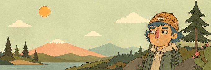 A curly-haired character wearing a "hello" beanie gazes out at a scenic landscape featuring mountains, pine trees, a lake, and a sun, with a "Unusuals" cactus beside them. The illustration's adventurous, nature-filled aesthetic reflects the "most unusual society on internet" branding of the @UnusualNFTs project highlighted in the post.