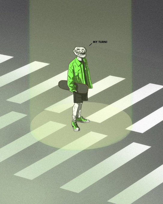 An illustration of a character with a Trollface meme head wearing a green jacket and shorts, holding a skateboard while standing on a crosswalk under a spotlight with the speech bubble "MY TURN!".