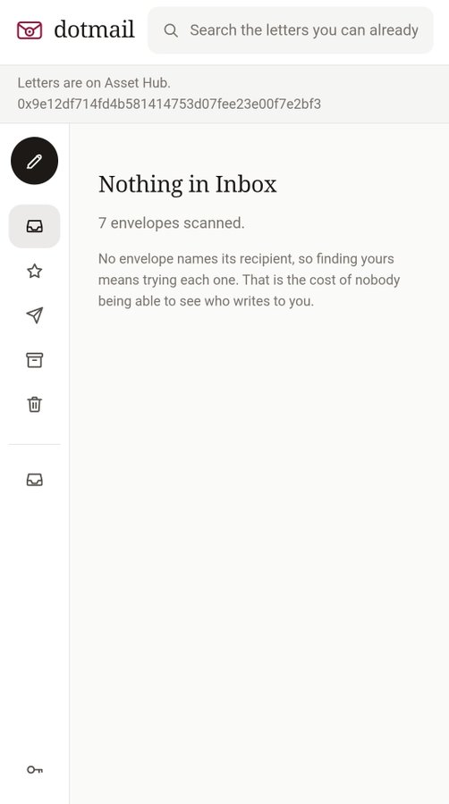 A screenshot of an email app called 'dotmail' with the message 'Nothing in Inbox' and '7 envelopes scanned,' explaining that no envelope names its recipient so finding yours means trying each one.
