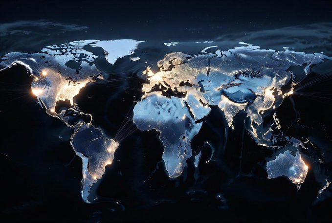 A glowing digital world map at night showing illuminated continents and connections across North America, South America, Europe, Africa, Asia, and Australia.