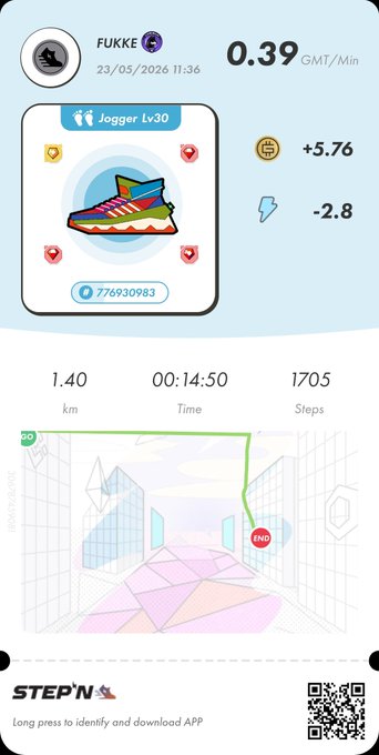 iphone screen displaying a fitness tracking app, with a pink and purple shoe icon, green arrow pointing right, and distance and time data displayed on the screen.